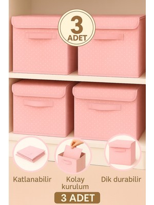 PremiumPort 3'lü Pembe Kapaklı Dolap Içi Çamaşır ve Oyuncak Saklama Kutusu