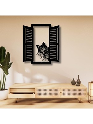 Sscnc Pencere Tasarımlı Kedi Figürlü Mdf Duvar Dekoru – Siyah