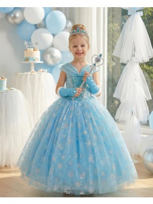 Kız Çocuk Kostüm Mavi Elsa Frozen   Düşük Omuz Detaylı Kasnaklı Kabarık Elsa Kostüm 3-8 Yaş