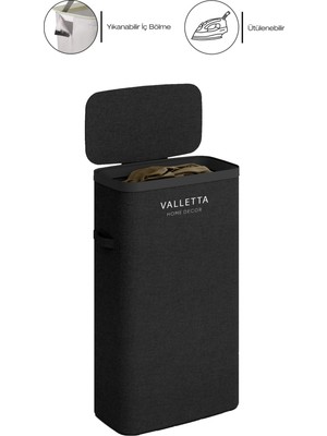 PremiumPort Katlanabilir 40L Kumaş Kirli Çamaşır Sepeti, Bölmeli, Siyah