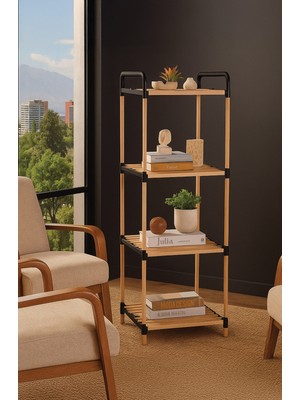 PremiumPort Dört Katlı Masif Ahşap Raf, Şık ve Dayanıklı Tasarım