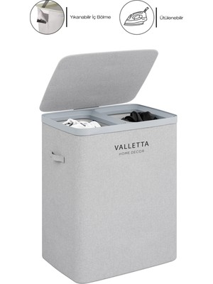 PremiumPort Katlanabilir 100L Çift Bölmeli Kumaş Kirli Çamaşır Sepeti - Light Gray