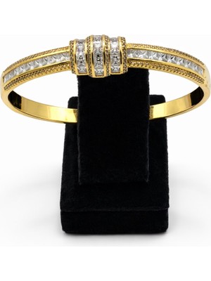 Pangu Zirkon Taş Detaylı Silindirik Tasarımlı Altın Renk Çelik Kelepçe Bilezik