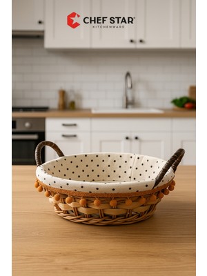 PremiumPort Yuvarlak Ekmek Sepeti, Puantiyeli ve Ponpon Detaylı, Şık ve Kullanışlı