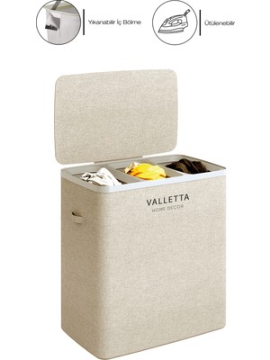 PremiumPort Katlanabilir 120L Kumaş Kirli Çamaşır Sepeti, Üç Bölmeli Cappuccino Beige