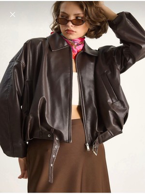 Famels Kadın Tokalı Cepli Deri Ceket