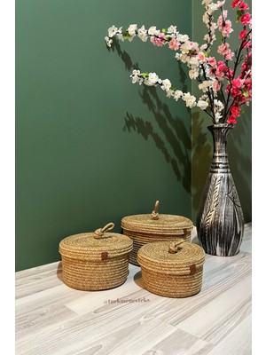 PremiumPort Doğal Jüt ve Hasır Çok Amaçlı 3'lü Kapaklı Organizer Seti