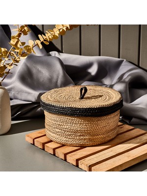 Matmel Living Mustard Kapaklı Örgü Sepet - Bej / Siyah - 22X11 cm