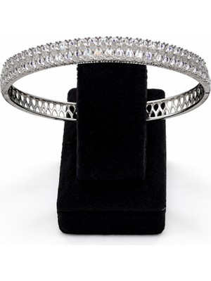 Pangu Yoğun Zirkon Taşlı Gümüş Renk Çelik Kelepçe Bilezik