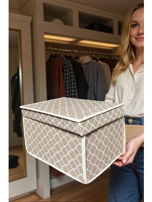 PremiumPort Mini Saklama Kutusu Seti, Organizer, Oyuncak Kutusu, Krem Zincir Desen, 30X40X25