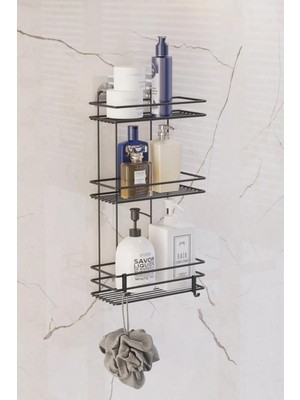 Braventa Collection Ömür Boyu Paslanmaz Yapışkanlı Düz Banyo Düzenleyici Şampuanlık Duş Rafı Siyah Kancalı Tş-03