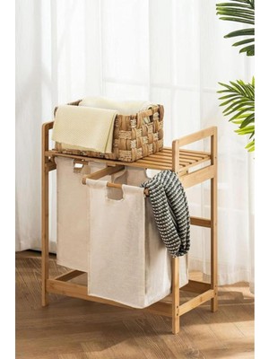 PremiumPort Bambu 2 Bölmeli Çamaşır Sepeti ve Raflı Banyo Düzenleyici