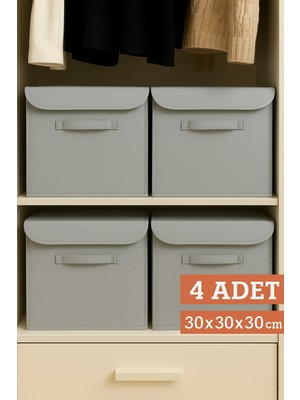 PremiumPort 4’lü Gri Kapaklı Kumaş Dolap Içi Düzenleyici Kutu 30X30X30 cm