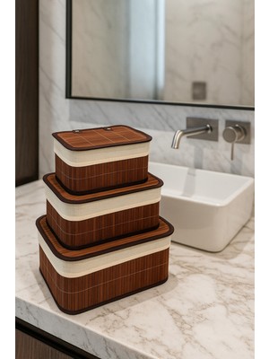 PremiumPort 3’lü Kapaklı Bambu Depolama ve Organizer Sepeti 36X26X17 cm