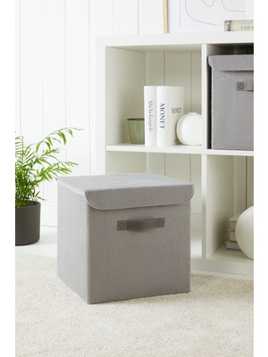 PremiumPort Gri Jüt Kapaklı Çok Amaçlı Dolap Içi Saklama Kutusu 30X30X30