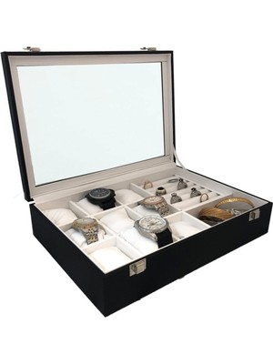 PremiumPort 9'lu Takı ve Saat Organize Kutusu, Siyah Dış, Beyaz Iç