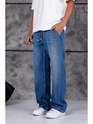 Oksit Jackson Unisex Oversize Beli Ipli ve Lastikli Denim Kot Pantolon - Baggy Jean