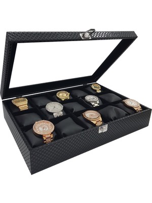 PremiumPort Siyah Diamond Deri 15'li Saat Kutusu, Şık ve Kullanışlı Tasarım