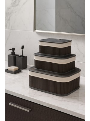 PremiumPort 3'lü Bambu Kapaklı Depolama ve Organizer Sepeti 36X26X17 cm