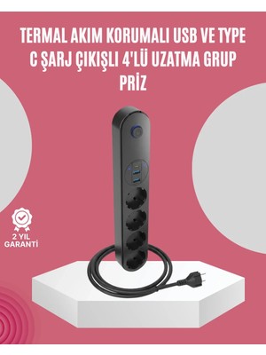 Epilons LED Anahtarlı Akım Korumalı Çoklu Priz 4 Priz 3 USB Girişli