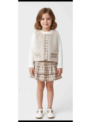Kız Çocuk 3’lü Kombin Takım: Peluş Yelek, Fitilli Body ve Ekose Etek