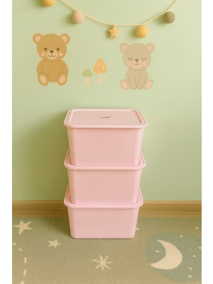 PremiumPort Pembe Kapaklı Derin Saklama Kutusu Seti, 3'lü, Polipropilen Plastik