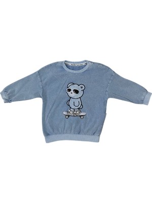 Baby Buu Buz Mavisi (6-24 Ay) Kaykaylı Ayıcık Nakışlı Kot Erkek Bebek Takım