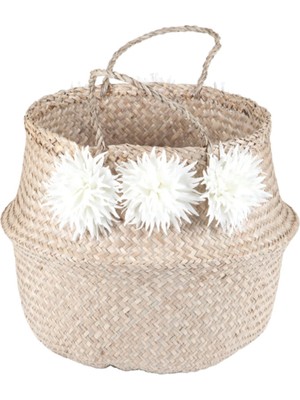 PremiumPort Katlanabilir Hasır Sepet, Natürel ve Beyaz Çiçekli, Şık ve Pratik Tasarım