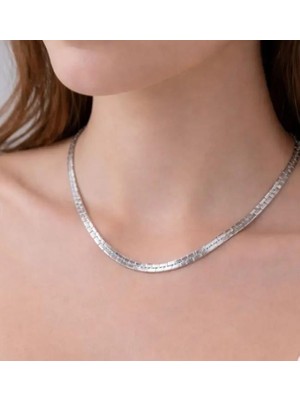 Septemmart Kararmaz Çelik Gümüş Kolye - Italyan Ezme Model Yassı Zincir Lüks Takı