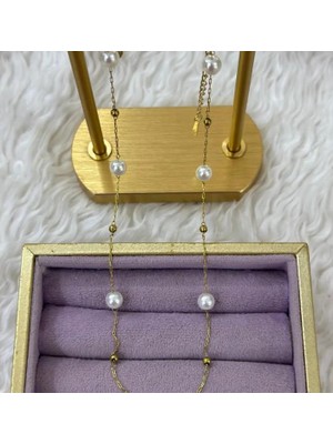 Septemmart Kararmaz Çelik Inci Kolye - Gold Dorika Zincir Ayarlanabilir Lüks Takı