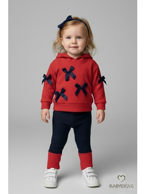 Babyden's Bebek Çocuk 2’li Takım Pamuklu Kapüşonlu Sweatshirt Tayt Fiyonk Detaylı Kışlık Sonbaharlık Alt Üst Takım