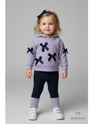 Babyden's Bebek Çocuk 2’li Takım Pamuklu Kapüşonlu Sweatshirt Tayt Fiyonk Detaylı Kışlık Sonbaharlık Alt Üst Takım