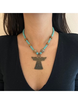 Suerte Accessories Turkuaz ve Akik Doğal Taş Melek Figür Uçlu Özel Tasarım Bronz Aksesuar Özel Tasarım Kolye