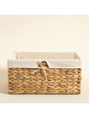 PremiumPort Hasır Örgü Kulplu Iç Korumalı Sepet, 37X23 Cm, Doğal Görünüm