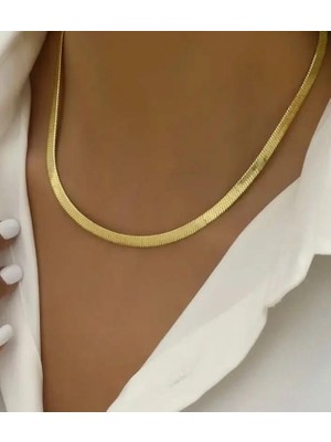 Septemmart Kararmaz Çelik Kolye - 45 cm Altın Kaplama Yassı Italyan Model Ezme Zincir