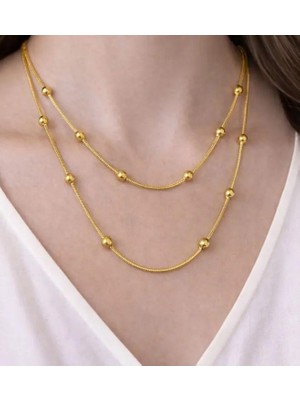 Septemmart 316L Paslanmaz Çelik Gold Renk Çift Sıra Görünümlü Dorika Toplu Yılan Zincir Kolye