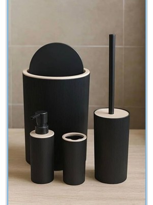 Arvale Quardi Banyo Seti Modern Çizgili - 7 Litre Kova 4 Parça Banyo Çöp Kovası Seti (Siyah)