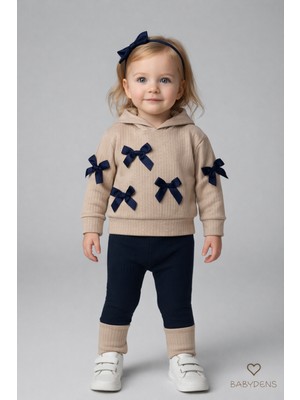 Babyden's Kız Bebek 2’li Alt Üst Taytlı Takım, Pamuklu, Kapüşonlu ,Fiyonk Detaylı ,Günlük, Çocuk Takımı