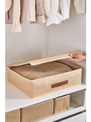 PremiumPort Büyük Boy Kapaklı Nevresim ve Battaniye Saklama Kutusu, Jüt Kumaş Düzenleyici