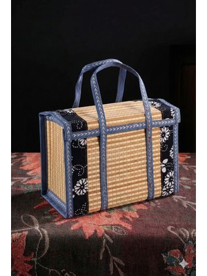 PremiumPort Modern Dokuma Sepet, Bambu Kapaklı Hasır Saklama Çantası