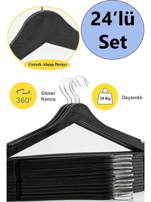 PremiumPort 24'lü Ahşap Görünümlü Siyah Plastik Elbise Askısı Seti