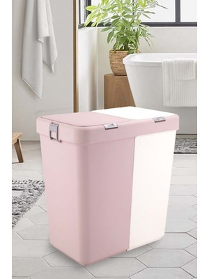 PremiumPort Pembe Beyaz Ikili Dokunmatik Kirli Çamaşır Sepeti, 80 Lt, 2 Bölmeli