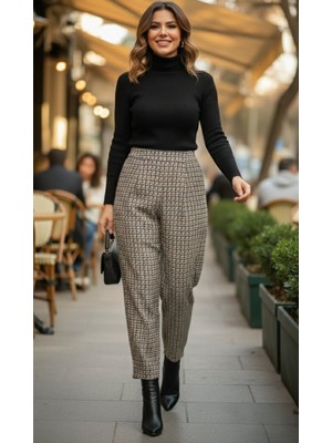 Esso Butik Kadın Büyük Beden Geometrik Desenli Jakarlı Viskon Kumaş Havuç Şalvar Pantolon