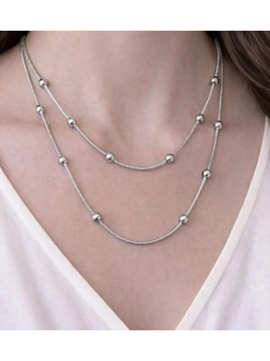 Septemmart 316L Paslanmaz Çelik Silver Renk Çift Sıra Görünümlü Dorika Toplu Yılan Zincir Kolye
