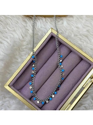 Septemmart Turkuaz Mine Detaylı Gümüş Renk Pullu Çelik Kolye Kararmaz Paslanmaz Çelik Kadın Kolye