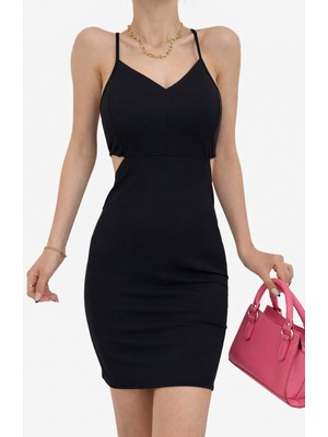Cuyka Kadın Ip Askılı V Yaka Bel Dekolteli Sırt Çapraz Mini Elbise Ithal Krep