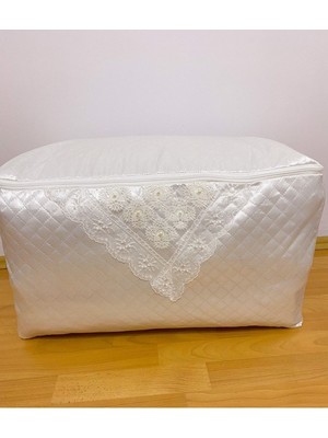 PremiumPort Şık Incili Saten Beyaz Yastık Hurcu, Kapitoneli, 60X40X40, Çeyizlik Bohçalık