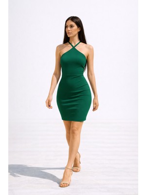 Cuyka Kadın Boyundan Bağlamalı Halter Yaka Scuba Krep Mini Elbise