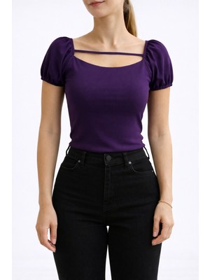 Cuyka Kadın Kare Yaka Askı Detaylı Kısa Kol Bluz