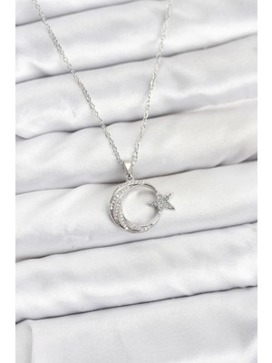 Butik Bfs 316L Çelik Zincir Gümüş Renk Ay Yıldız Model Zirkon Taşlı Kadın Kolye